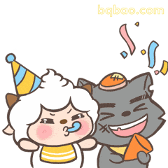 戴生日帽的小白羊和灰猫一起庆祝